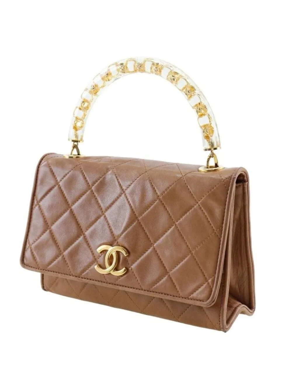 Chanel Quilted Plastic Handle Vintage Lambskin Beige Handbag